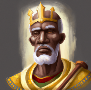 Image of Munhumutapa. A medieval african king wearing a gold crown.