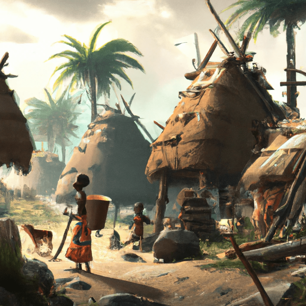 Artist impression of one of the villages of the Haya people in the form of digital art.