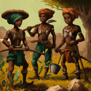 Artist impression of iron working farmers in the Luba Kingdom.