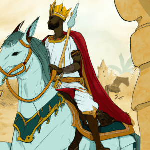 Artist depiction of Piye, the king of the Kingdom of Kush and Egypt on a horse