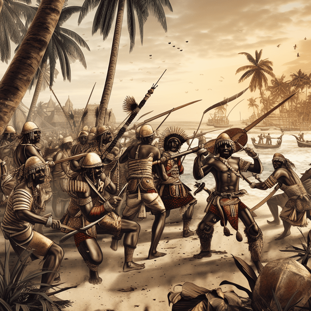 Artist impression of the Bubis fighting colonisers on Bioko Island.