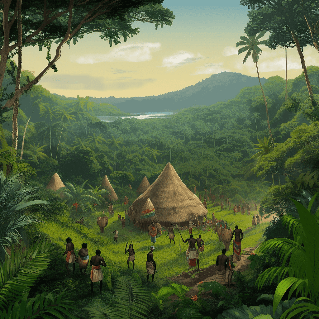 Artists impression of the Bubis settling in Bioko Island.