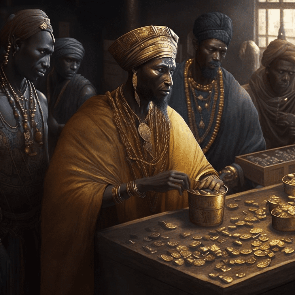 Artist impression of merchants trading gold from the kingdom of benin