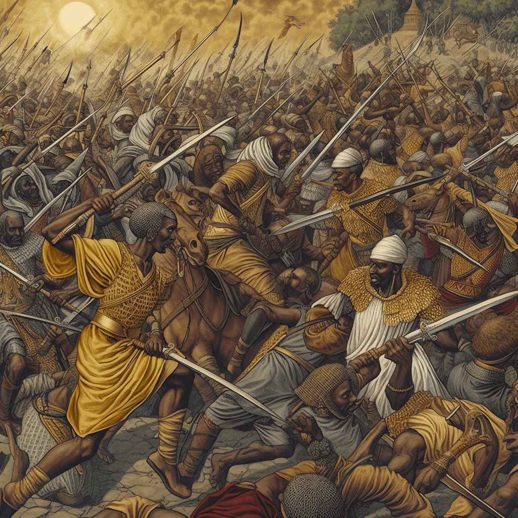 Artists' impression of the war between the Emperor of Ethiopia and the army of the Sultanate of Adal