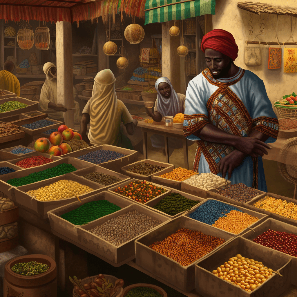 Artist impression of a market in the Ashanti Empire