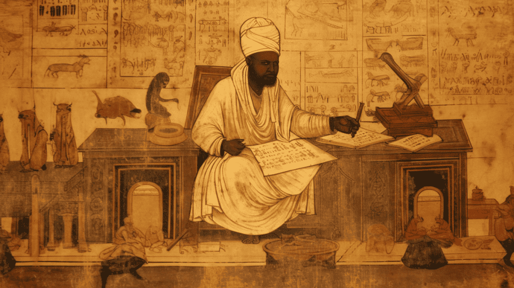 a captivating image depicting a learned Hajj in the 12th century, meticulously writing historical accounts about the renowned ruler Mansa Musa of the Mali Empire. Portray the Hajj in a scholarly pose, sitting at a wooden desk adorned with ancient manuscripts and writing utensils. Surround the scene with an atmosphere of wisdom and knowledge, with shelves filled with scrolls and books, symbolizing the vast wealth of historical information. Illuminate the scene with warm, soft lighting to evoke a sense of reverence and intellectual pursuit. Incorporate elements that signify the cultural and historical context, such as maps, globes, and symbols of Islamic scholarship. Set the aspect ratio to 16:9 to create a visually pleasing composition. Ensure the image is of the highest quality possible in version 5.1, with stunning clarity and realism. Let the image convey the importance of preserving and documenting history, capturing the dedication and passion of the Hajj in their scholarly pursuit.