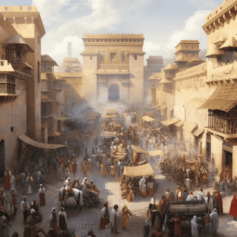 An immersive digital painting that depicts the grandeur of the Mali Empire at its zenith. This historical masterpiece captures bustling markets overflowing with gold, textiles, and salt, alongside intricate mud-brick mosques reflecting the empire's architectural brilliance. The streets teem with life, as people of diverse cultures mingle, and royal guards parade, reflecting the empire's military might. In the distance, the majestic Niger River winds through lush vegetation, supporting the empire's agrarian economy. The vibrancy and richness of African colors, textures, and patterns should shine through in every detail. Render this in a cinematic, photorealistic style with dramatic lighting in a 16:9 aspect ratio, using Midjourney version 5.1, with the highest possible quality setting.