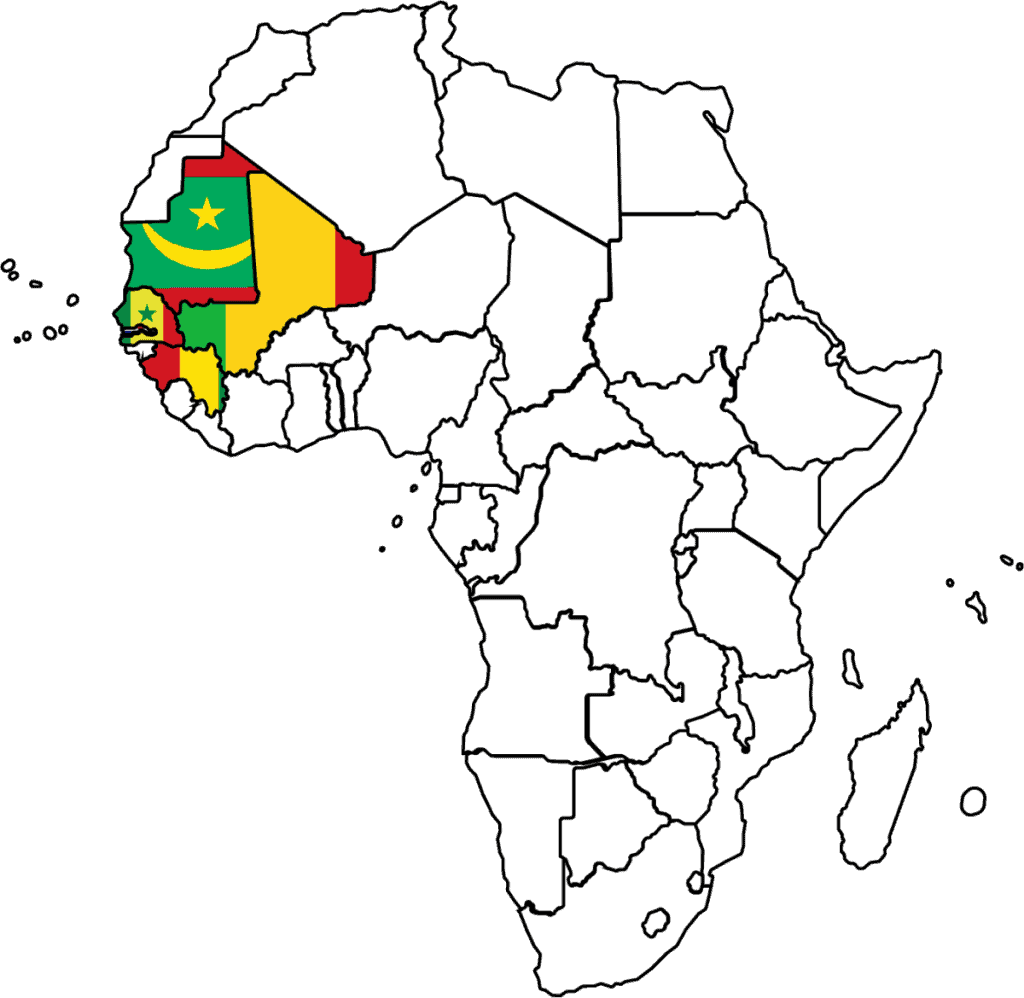 A map showing the Mali Empire which consists of Guinea, Senegal, Mauritania, Gambia and Mali.