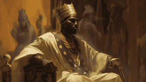 a captivating image showcasing the majestic presence of Mansa Musa, the renowned ruler of the Mali Empire. Depict him in intricate royal attire, exuding regality and power. Emphasize his dignified posture, with his head held high and a confident expression. Surround him with a rich visual tapestry that reflects the grandeur of his empire, incorporating elements such as golden treasures, vibrant textiles, and symbols of trade and prosperity. Illuminate the scene with warm, soft lighting to enhance the richness and depth of the image. Pay meticulous attention to detail, capturing the intricate patterns and textures of Mansa Musa's garments and the surrounding artifacts. Set the aspect ratio to 16:9 to create a visually pleasing composition. Ensure the image is of the highest quality possible in version 5.1, with stunning clarity and realism. Let the image transport viewers to the splendor of Mansa Musa's reign, evoking a sense of awe and admiration.