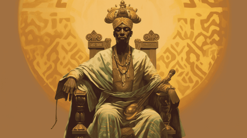 a magnificent image showcasing Mansa Musa, the legendary ruler of the Mali Empire, in his early 20s sitting regally on the throne. Depict Mansa Musa in elaborate royal attire, exuding power and authority. Capture his dignified posture and confident expression, reflecting his leadership and charisma. Let the image embody the majesty and grandeur of Mansa Musa's rule, capturing the essence of a young ruler destined for greatness. 