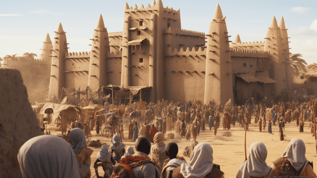 Immerse yourself in the historic tale of Musa and the kingdom of Mossi in 16:9 aspect ratio, version 5.1, capturing the highest quality possible. Visualize the remarkable moment when Musa led the recapture of Timbuktu in 1330. Transport yourself to the city's vibrant streets and witness the construction of the stone fort and rampart under Musa's command. Showcase the grandeur of Musa's palace, now lost to time, but evoke its magnificence through intricate architectural details and lavish design. Highlight the enduring symbols of his reign, the university, and mosque, standing as testaments to his vision and legacy. Create an immersive image that captures the essence of Musa's determination, the fortification of Timbuktu, and the enduring cultural heritage of present-day Timbuktu.