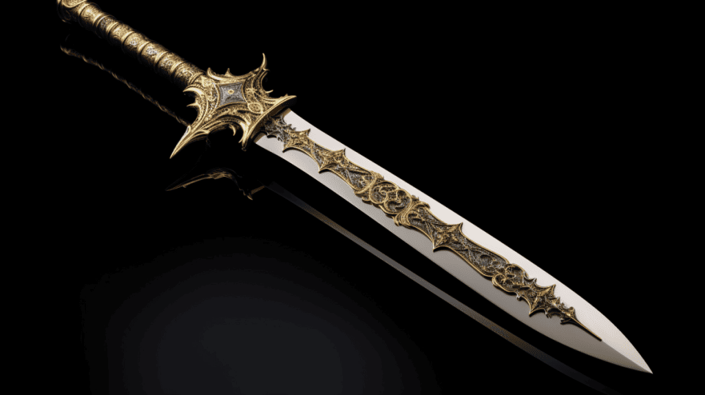 Create a visually stunning image in the highest quality, version 5.1, with an aspect ratio of 16:9, showcasing the intricate craftsmanship of a short stabbing spear with a long, sword-like spearhead. Pay meticulous attention to detail, capturing the gleam of the polished metal and the fine etchings on the blade. Highlight the contrasting textures of the smooth handle and the sharp edges of the spearhead. Let the lighting emphasize the dynamic contours of the weapon, casting dramatic shadows and creating a sense of depth. Position the spear at an angle that showcases its elegance and functionality. Surround it with subtle hints of the culture and history it represents, such as traditional patterns or symbols. Set the scene against a backdrop that complements the aesthetics of the spear, whether it be a rustic forge or a museum display. Let the image exude a sense of power and history, inviting viewers to appreciate the artistry and significance of this ancient weapon.