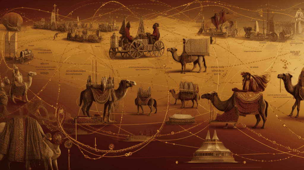 a captivating digital artwork that depicts the ancient long-distance trading networks in the Sahelian West African region. The scene should showcase the bustling trade routes that connected various civilizations, such as the Ghana Empire, Mali Empire, and Songhai Empire. Illustrate caravans of camels traversing the vast desert, laden with valuable goods like gold, salt, spices, and textiles. Convey a sense of movement and vibrant activity as traders from different cultures converge at marketplaces along the trade routes, engaging in lively exchanges and negotiations. Let the artwork capture the diverse cultural influences and rich tapestry of the Sahelian region, with people dressed in colorful attire and traditional garments representing different ethnic groups. Use warm and earthy tones to evoke the arid landscapes and the golden hues of the Saharan sunsets. Transport viewers to a bygone era, where the intricate web of trade fostered cultural exchange, economic prosperity, and the flourishing of civilizations.