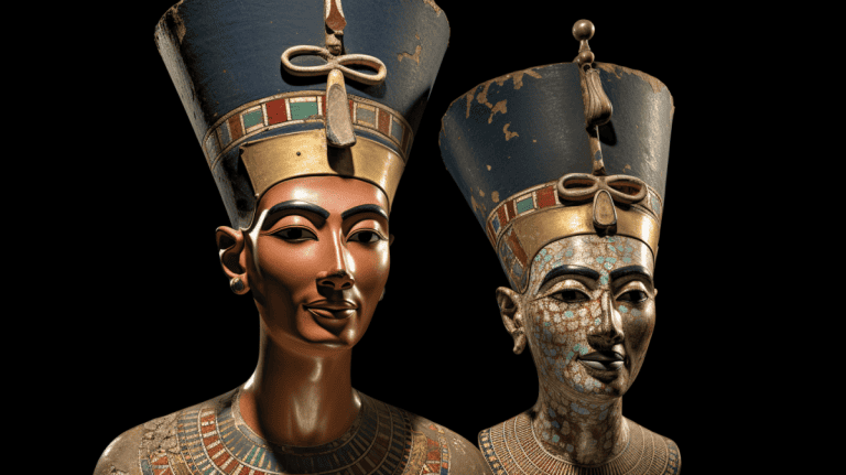 a digital art image of Nefertiti and Amenhotep IV on their wedding day. Picture them in a royal palace, adorned in rich ceremonial attire with intricate designs and precious jewels. Nefertiti's beauty should shine through, her iconic headpiece resting perfectly on her head. Amenhotep IV, later known as Akhenaten, should exude a regal aura. They should be surrounded by priests, nobles, and other attendants, all dressed in their finest. The ceremony should reflect the grandeur and cultural richness of the Egyptian civilization, with towering pillars, vibrant wall paintings, and elaborate ceremonial objects filling the scene. The atmosphere should be one of joy and celebration, a landmark moment in the history of ancient Egypt. Render this in a highly detailed, vibrant, and photorealistic style