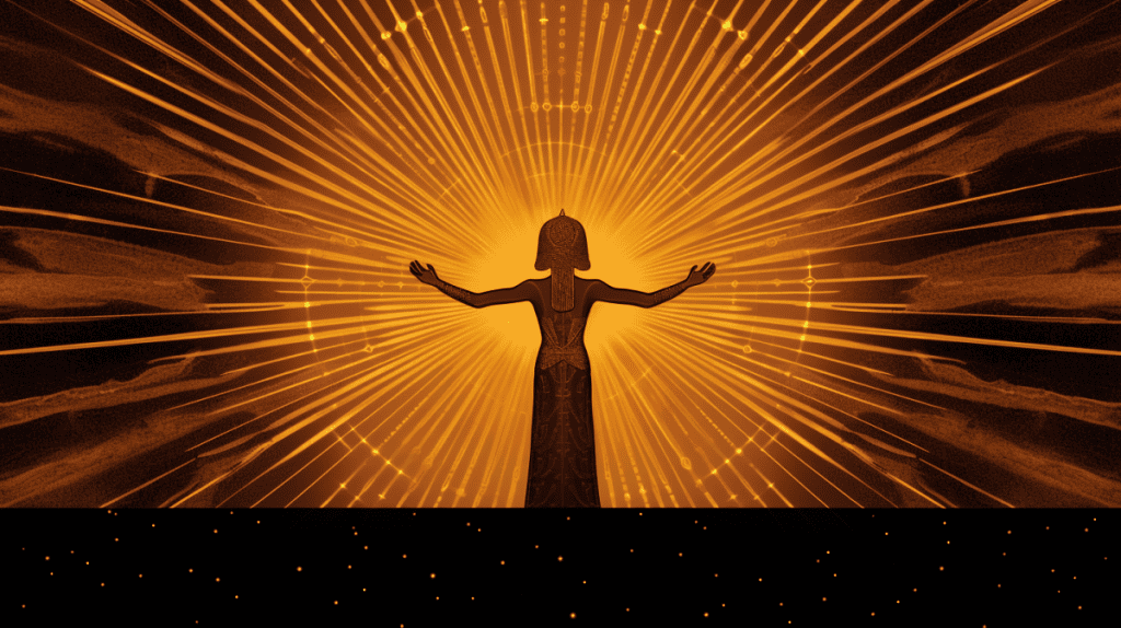 a digital art image of Aten, the sun god of ancient Egyptian mythology. Depict Aten as a radiant sun disk with long, cascading rays extending down. Each ray should end in a small hand reaching out in a sign of life-giving benevolence. The color palette should consist of deep golds and bright yellows to evoke the warmth and brilliance of the sun. The scene should be majestic and awe-inspiring, befitting the divine status of Aten. The background could contain faint outlines of ancient Egyptian landscapes, with the Nile river and palm trees, to place Aten in context but not overshadow his glory. Render this image with utmost care for intricate details, vibrant colors, and a grandiose atmosphere. 