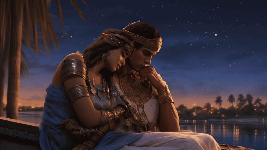 a digital art masterpiece that brings to life the romantic liaison between Cleopatra and Mark Antony. Set against a backdrop of the enchanting Nile river under a starlit sky, the couple is deeply engrossed in each other's company, their expressions revealing a shared love and mutual respect. Cleopatra, with her elegance and captivating beauty, and Mark Antony, known for his courage and charisma, create a striking scene of passion and power. The light from the nearby torches illuminates them, casting long shadows that dance on the tranquil waters of the Nile. This artwork should exude the intense emotion and the mesmerizing allure of their legendary romance.