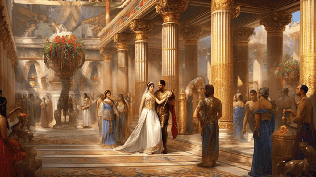 A digital art piece depicting the historical event of Cleopatra marrying Julius Caesar. This grand union of the queen of Egypt and the powerful Roman general occurs in an opulent palace full of vibrant hues, adorned with Egyptian and Roman architectural elements. The couple stands in the center of the scene, their regal attire a testament to their power and status. Cleopatra, in her richly decorated Egyptian garments, and Caesar, in his Roman military uniform, exchange vows under the watchful eyes of an eclectic mix of Roman and Egyptian attendees. The artwork must capture the significance of this momentous event, the blend of cultures, and the characters' personal charisma.