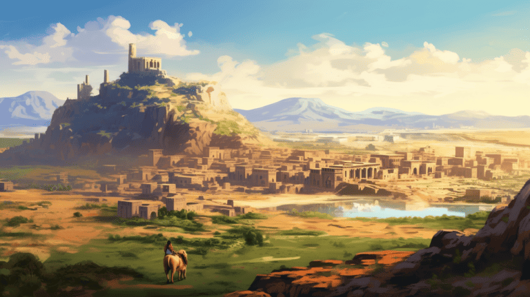 a digital artwork that encapsulates the Kingdom of Numidia in its glory days. This North African realm, known for its prominent role in ancient history, should be depicted bustling with life and activity. The picture should showcase a panoramic view of the landscape, highlighting the mountains, fertile plains, and the vibrant cities. In the scene, Numidian horsemen, renowned for their skills, can be seen practicing their drills, while tradesmen are busily hawking their goods in the markets. The architecture of the cities, blending indigenous and Carthaginian influences, is to be captured in all its intricate details. The inhabitants' attire, their bustling lives, and the region's unique flora and fauna should also be depicted. The painting's lighting should evoke a warm, late afternoon ambiance, casting long shadows and bathing the kingdom in a golden hue.