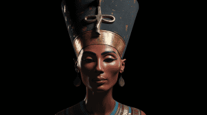 a digital art representation of the Egyptian Queen Nefertiti, set against the backdrop of the ancient Egyptian civilization. She should be adorned with her iconic blue crown encrusted with precious gems and intricate detailing, a long flowing robe etched with hieroglyphics, and her flawless beauty should reflect the royal status. Her features should be expressive and inviting, showcasing her strength and elegance. The backdrop should feature a breathtaking view of the River Nile with pyramid structures in the distance, framed by a dramatic sunset that casts a warm, golden light over the entire scene. Capture this in a detailed, photorealistic style in the highest quality possible