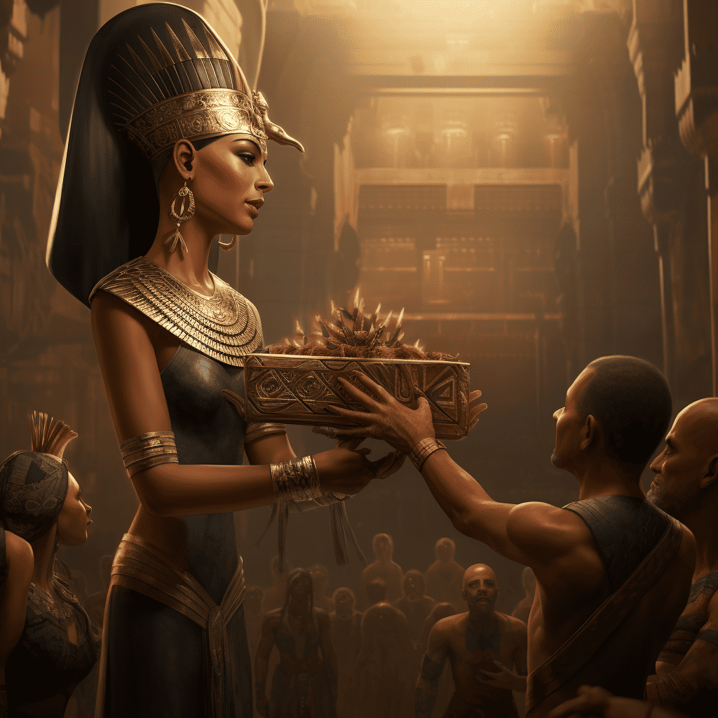 a digital art image of Queen Nefertiti, the revered queen of ancient Egypt, receiving gifts from her loyal subjects. The queen should be sitting on her lavish throne, her iconic bust adorned with her famous blue and gold headdress. Her eyes should express wisdom and kindness as she graciously accepts the gifts. Subjects are presenting her with various offerings, the most prominent being gold in different forms - jewelry, coins, intricate statues. The scene should reflect the prosperity and wealth of her reign, with rich color palettes and elaborate details in the garments, architecture, and the gifts themselves. Illuminate the scene with warm light to enhance the golden hues, creating a sense of reverence and grandeur.