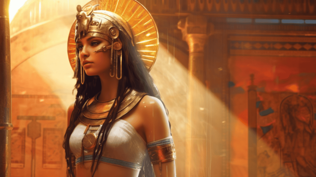 Generate a digital art representation of a young Cleopatra under the radiant Egyptian sun, around 70 or 69 B.C. She stands in front of an elaborate backdrop of Ancient Egypt, symbolizing her status as the progeny of Ptolemy XII (Auletes) and a descendent of the Ptolemaic dynasty. The background teems with architectural marvels, bustling marketplaces, and the blue Nile reflecting the sun. This is the Egypt she would soon rule - powerful and glorious. Young Cleopatra herself is depicted in richly adorned royal attire, her sharp gaze hinting at her future legendary reign.