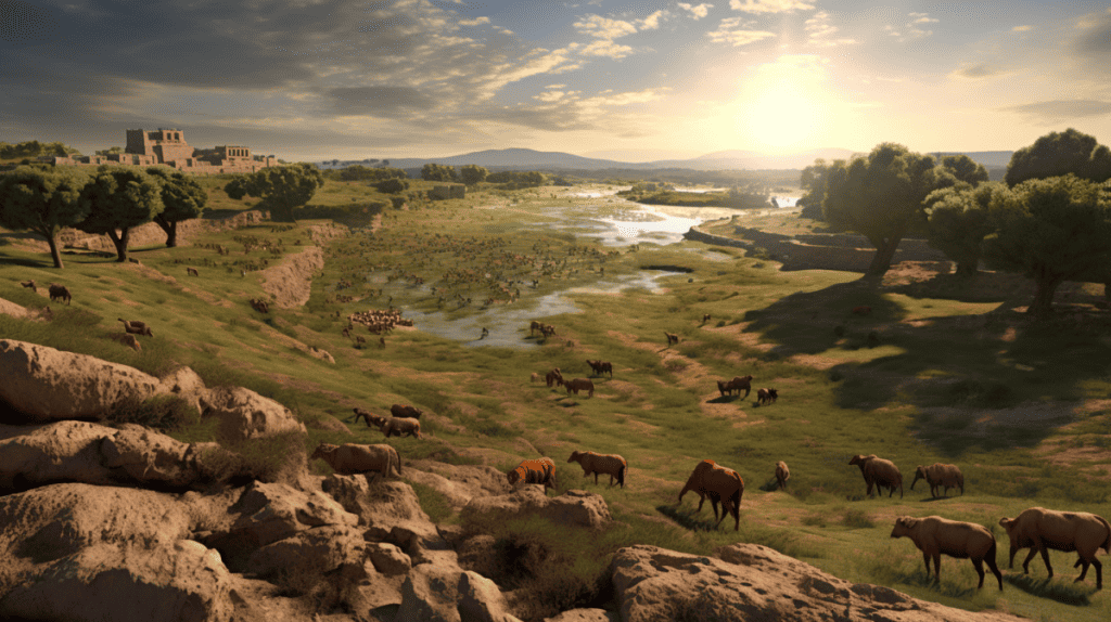 For a vivid and immersive digital visualization in a 16:9 aspect ratio, envision the bustling life of the 6th millennium BCE in the Kingdom of  Mauretania. As the sun casts a golden hue over the vast landscape, groups of people are engaged in various activities that define their livelihood. Herders guide their flocks across gentle rolling hills, while nearby fields come alive with the verdant green of wheat and olive crops. Men and women, clad in ancient attire, work diligently to cultivate and harvest, their faces etched with determination and pride.