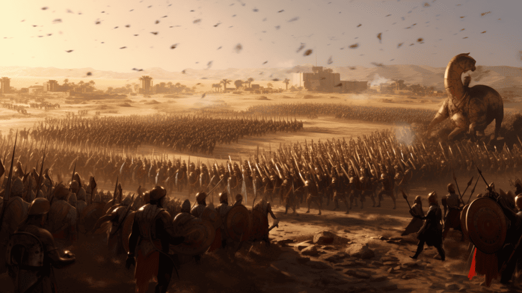 Visualize the legendary tale from Pseudo-Callisthenes in a 16:9 aspect ratio, where a formidable Candace of Meroe masterfully arrays her army in 332 BCE to confront Alexander the Great. The expansive battlefield unfolds, with the fierce and disciplined ranks of the Meroitic soldiers standing in stark contrast against the sand's golden hue. At the forefront, the Candace, adorned in regal attire, commands her forces with an aura of undeniable authority and confidence. Opposite, Alexander the Great, atop his horse, gazes across the field, his usually unyielding demeanor now clouded with contemplation and apprehension.