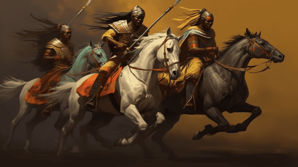 a dynamic digital art piece capturing the essence of the Numidian horsemen from ancient African history. Show the horsemen in their traditional attire, unburdened by saddles or bridles, controlling their powerful steeds only with a basic rope looped around the horse's neck. The speed and agility of these horsemen should be evident as they maneuver across a rugged landscape. Instead of heavy armor, they rely on their agility, horsemanship, and their circular leather shields for protection. In their hands, they wield a javelin and a small sword, ready for battle or hunting. The scene should reflect the grace, strength, and fearlessness of these Numidian horsemen.