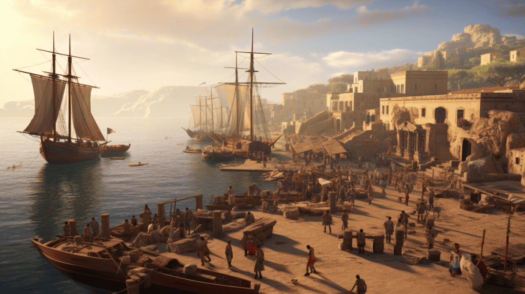 For a captivating digital visualization in a 16:9 aspect ratio, transport the viewer to the Mediterranean shoreline of the Kingdom of Mauretania, a time before 400 BC. The coast bustles with activity as commercial harbours come alive, each pier laden with an assortment of goods waiting for trade. Mariners, merchants, and traders converse animatedly, their voices mixing with the call of seagulls overhead. In the horizon, ships adorned with sails approach, signaling incoming trade from the majestic city of Carthage. The atmosphere is electric, filled with the promise of commerce and cultural exchange. 