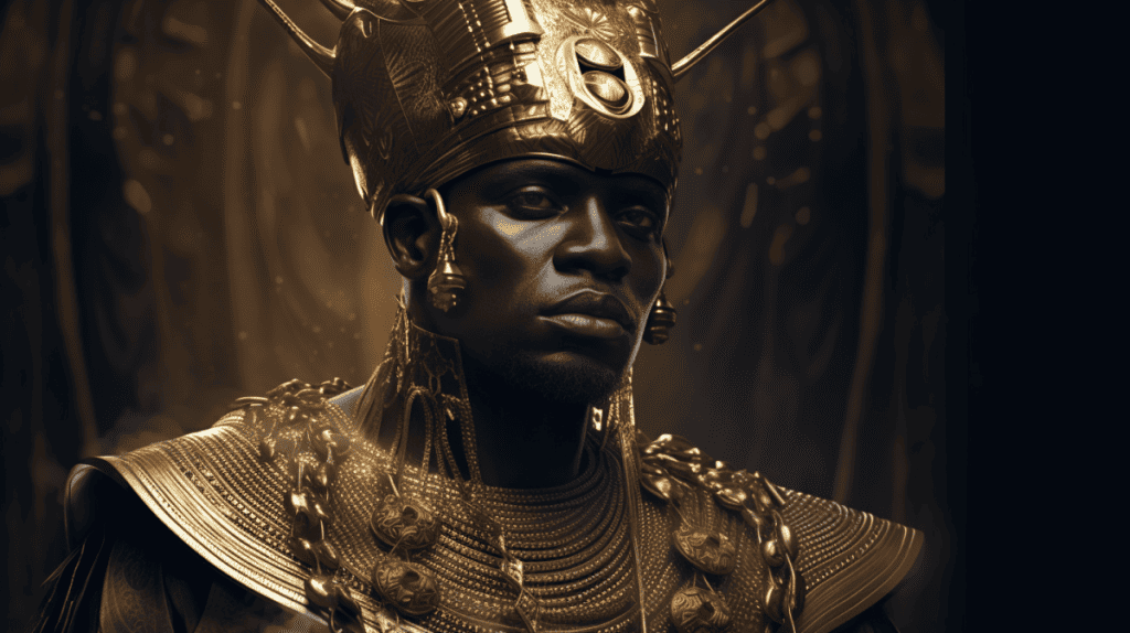 digital painting of King Masinissa, the illustrious ruler of the ancient African Kingdom of Numidia. Masinissa is portrayed in his prime, regal and powerful. He's dressed in traditional Numidian garb, with intricate gold jewelry symbolizing his high status. His facial expression radiates wisdom and determination. The backdrop showcases the diverse landscapes of Numidia, from the fertile plains to the harsh desert. Include elements that emphasize the prosperity and cultural richness of Numidia under Masinissa's reign, like thriving markets, ornate architecture, and flourishing agriculture. Capture the essence of his reign and the spirit of Numidia in the 3rd century BC.