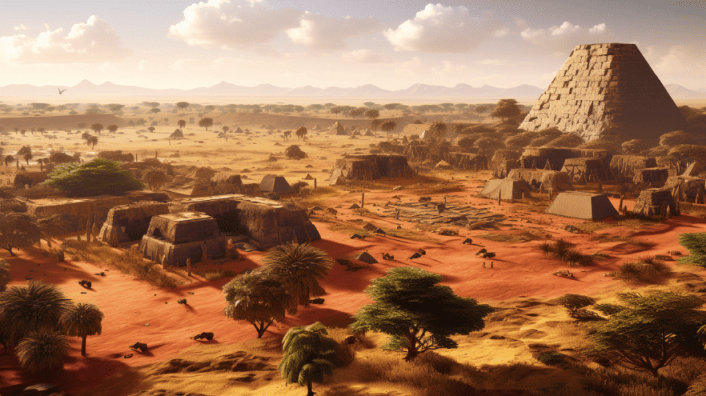 For a detailed digital depiction in a 16:9 aspect ratio, envision the archaeological site of Meroe, steeped in ancient history and brimming with remnants of a once-thriving civilization. The landscape is dotted with partially excavated structures, weathered statues, and the iconic pyramids that speak of the region's architectural prowess. Teams of archaeologists, equipped with tools, work meticulously to unearth artifacts, while inquisitive tourists roam the site, their silhouettes contrasted against the grandeur of the ancient ruins. 