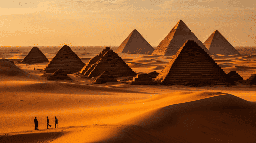 Visualize the grandeur of the pyramids of the ancient Kingdom of Meroe in a 16:9 aspect ratio. Spread across the horizon, these iconic pyramids, unique with their narrow bases and steep angles, rise majestically against a backdrop of clear blue skies. Golden sands of the desert envelop the bases, preserving memories of a bygone era. Shadowy figures, perhaps tourists or pilgrims, wander around the base, offering a scale to their immense size. Nearby, remnants of ancient artifacts and stone inscriptions hint at the historical significance and stories these structures hold.