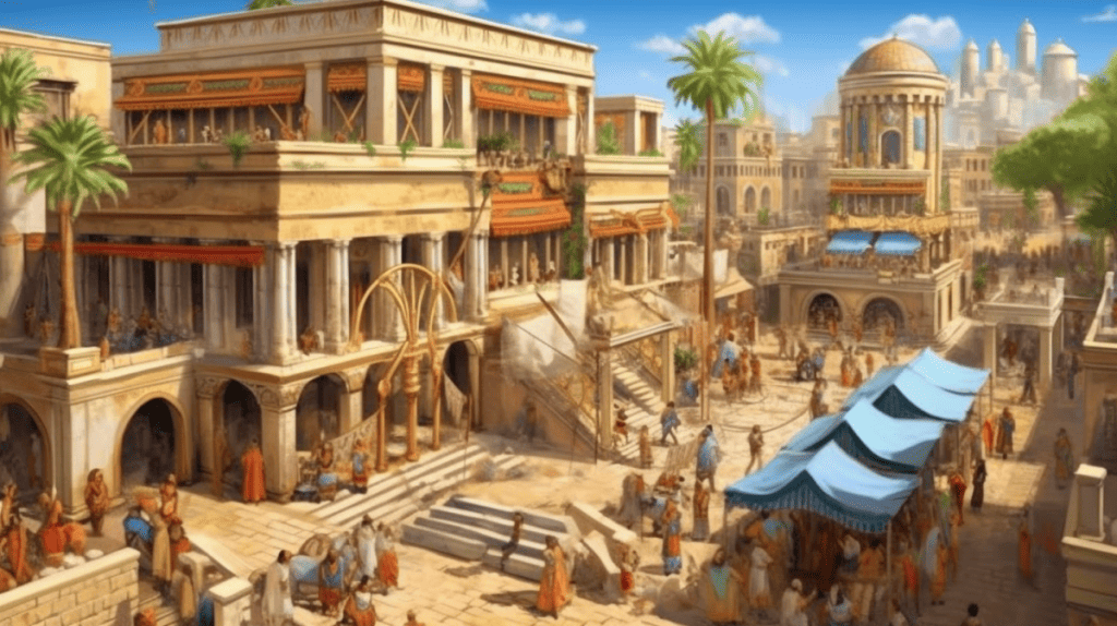 For an evocative digital representation in a 16:9 aspect ratio, bring to life the ancient kingdom of Mauretania during its peak of urbanisation. Streets are lined with newly erected structures--some simple residences, others ornate public buildings, and bustling marketplaces. Masons and artisans work diligently, constructing edifices while merchants tout their wares, showcasing goods from distant lands. Citizens converse animatedly, children play in the alleyways, and traders from distant regions marvel at the emerging city's beauty. In the distance, the silhouette of cranes and unfinished buildings highlights the city's rapid expansion. Infuse the atmosphere with a sense of wonder and progress, capturing the essence of a civilization on the cusp of greatness. 