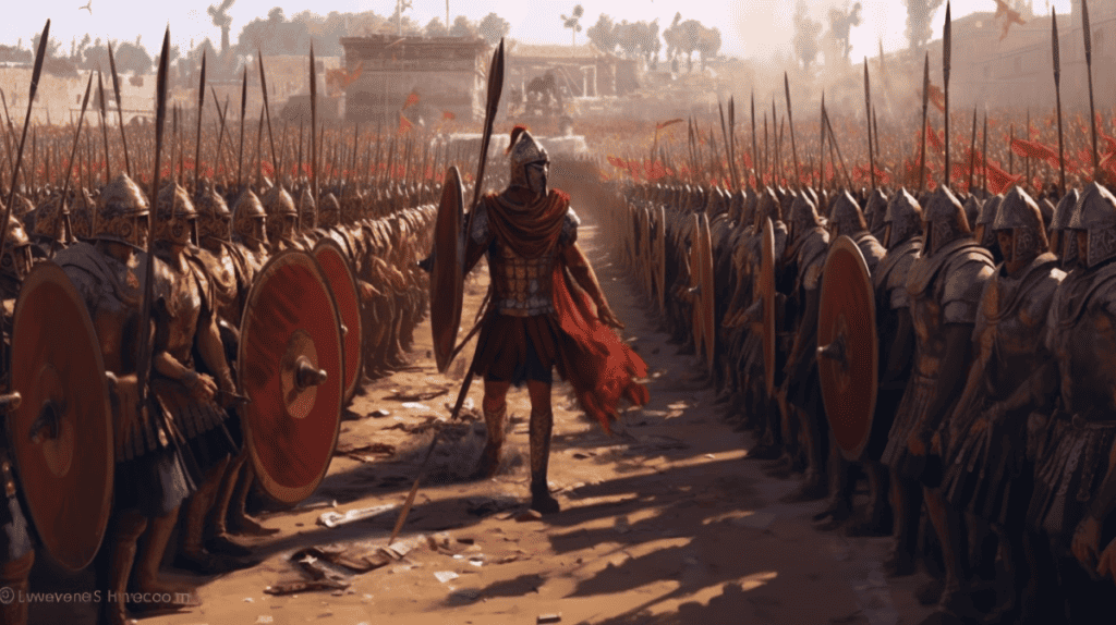 a digital art image of the moment when conflict erupts between the Kingdom of Numidia and the Roman Republic, leading to the deployment of multiple Roman legions to North Africa. In the midst of the action, the Consul Quintus Caecilius Metellus Numidicus stands tall, overseeing the deployment and preparation of his troops. The Roman legions, clad in their iconic armor, form disciplined lines, showcasing their military prowess. In the distance, the land of Numidia stretches out, with its diverse landscapes and settlements. 