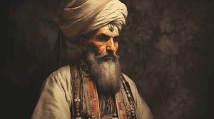 Visualize in a 16:9 aspect ratio, an evocative portrait of Abu Bakr ibn Umar, the esteemed Almoravid leader. Dominated by his commanding presence, his sharp features reflect wisdom and strength, with eyes that seem to have witnessed the rise and fall of empires. He's adorned in traditional Berber attire, with richly embroidered patterns revealing his status. A turban crowns his head, its folds catching the light, and perhaps a single feather or jewel indicating his leadership. His beard is meticulously groomed, adding to his noble demeanor. The background remains muted, maybe a soft blur of the Marrakech cityscape or the rolling dunes of the desert, ensuring Abu Bakr remains the focal point of the image. In crafting this digital artwork, focus on the intricacies of his attire, the play of light and shadow on his visage, and the deep, reflective nature of his gaze. Aim to convey not just his physical likeness but the weight of leadership and the vision of a founder. --ar 16:9 --v 5.1 --q 2