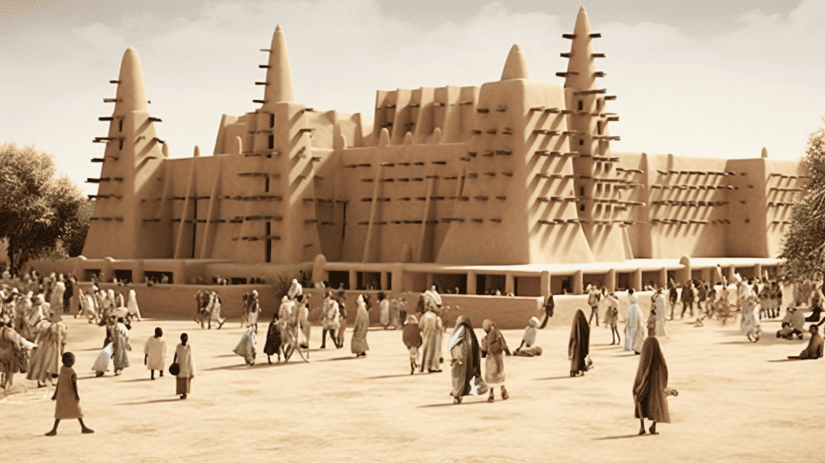 a bustling scene from the 11th century at the University of Sankore, Timbuktu. This center of learning stands tall, with its iconic mud-brick architecture, wooden support beams jutting out, and its towering minaret reaching skyward. Students, dressed in traditional African robes of the era, are engaged in various activities: some passionately debate scholarly topics in courtyards, others diligently transcribe manuscripts under the shade of date palm trees, and a few gather around scholars, absorbing the wisdom being imparted. The atmosphere is one of deep reverence for knowledge. Scrolls, books, and writing tools are scattered about, showcasing the academic fervor of the time. In the background, the sprawling city of Timbuktu extends, with its characteristic flat-roofed houses, bustling markets, and winding alleyways. Emphasize the contrast between the earthy tones of the buildings and the vibrant attire of its inhabitants. The warm hues of the setting Saharan sun cast a golden light over the scene, enhancing the details and textures from the mud bricks to the intricate patterns on the students' robes. Capture this epicenter of knowledge and culture in its prime, reflecting its significance in African history.