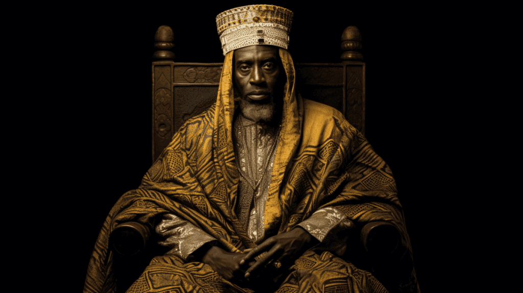 In a 16:9 aspect ratio, envision a captivating portrait of Askia Mohammad, the great ruler of the Songhai Empire. He sits regally, his gaze commanding and wise, exuding the aura of a leader who greatly expanded his empire and fostered a golden age of learning and culture. His attire is rich and elaborate, reflecting the wealth and artistry of his reign: a grand turban adorned with gold and jewels, and a robe of fine, vibrant fabrics intricately embroidered. Behind him, the backdrop is a subtle blend of the iconic landscapes of the Songhai Empire, perhaps a view of the legendary city of Timbuktu with its grand mosques and bustling markets, or the flowing waters of the Niger River. The lighting accentuates the intricate details of his attire and the thoughtful, determined expression on his face. Use version 5.1 to bring out the textures and colors in the portrait, making it a true representation of Askia Mohammad's legacy and the cultural richness of his era. --ar 16:9 --v 5.1 --q 2