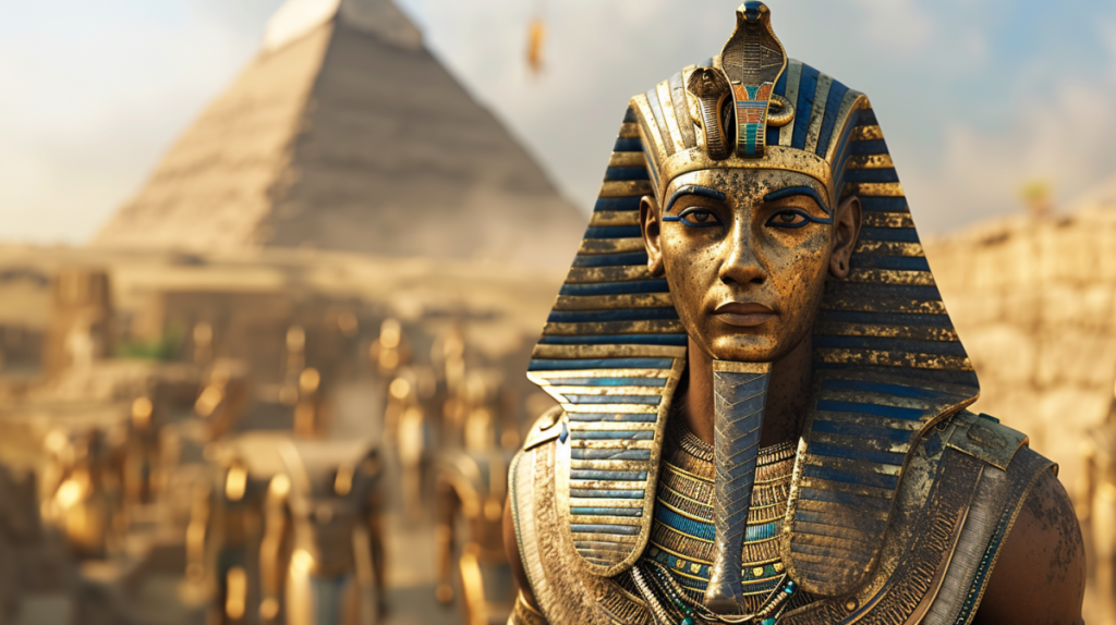 A photo of Pharaoh Khufu, regal and authoritative, adorned in traditional royal attire, standing before the grand pyramids. The background showcases the monumental architecture of ancient Egypt, with detailed hieroglyphs and the Giza plateau. Created Using: golden hour lighting, majestic posture, royal blue and gold color palette, intricate jewelry, hieroglyphic details, stone texture of pyramids, clear sky, historical accuracy