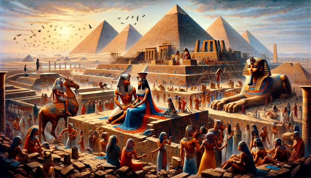 Queen Hetepheres I and Pharaoh Snefru in ancient Egypt, discussing plans for the construction of the Bent Pyramid and the Red Pyramid, symbolizing their strategic alliance and influence over monumental architectural projects. The scene depicts the couple in royal attire, amidst the early construction site bustling with workers and architects, underlining their pivotal role in the era's construction and cultural prosperity.