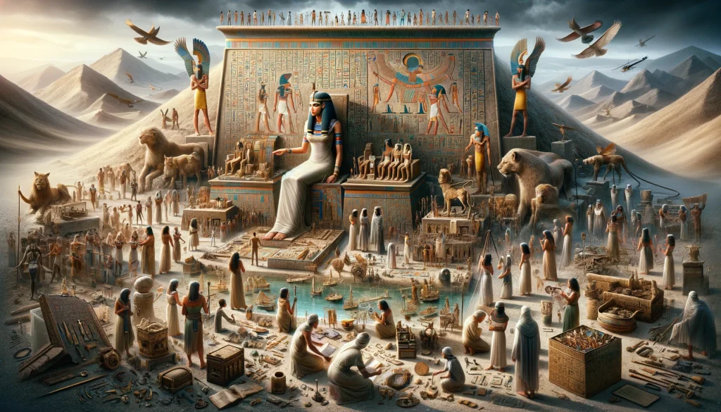 The image captures the profound legacy of Queen Hetepheres I, blending ancient Egyptian symbols with modern admiration. It features artifacts and inscriptions from her era alongside modern historians and archaeologists in contemplation, showcasing the seamless connection between past and present. This depiction emphasizes Hetepheres I's significant impact on our understanding of ancient Egyptian civilization and her lasting influence in the annals of history, celebrated by generations of scholars and history enthusiasts.