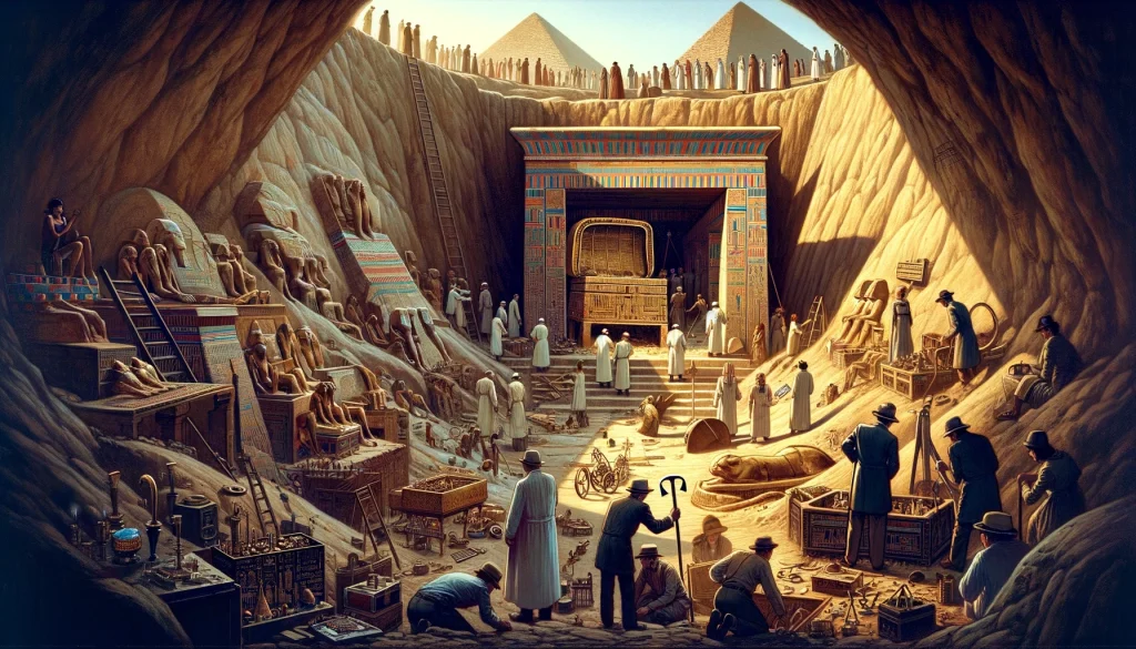 1925 discovery of Queen Hetepheres I's tomb by the Harvard University-Museum of Fine Arts, Boston Expedition near the Great Pyramid of Giza. The illustration depicts archaeologists at the excavation site, revealing the intact entrance to the burial chamber, with glimpses of the rich artifacts inside, including furniture, jewelry, and ceremonial items, capturing the historical significance and the excitement of uncovering ancient Egyptian royal heritage.